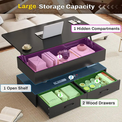 40in LED-Illuminated Coffee Table with Storage for Living Room, Compact with 2 Drawers, Black