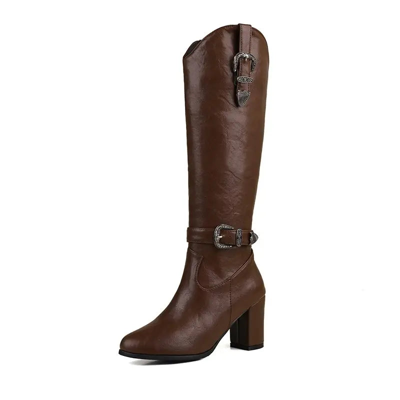 Girseaby British Style Women Knee High Boots Round Toe Block Heel 7.5cm Zipper Plus Size 51 52 Fashion Riding Bota