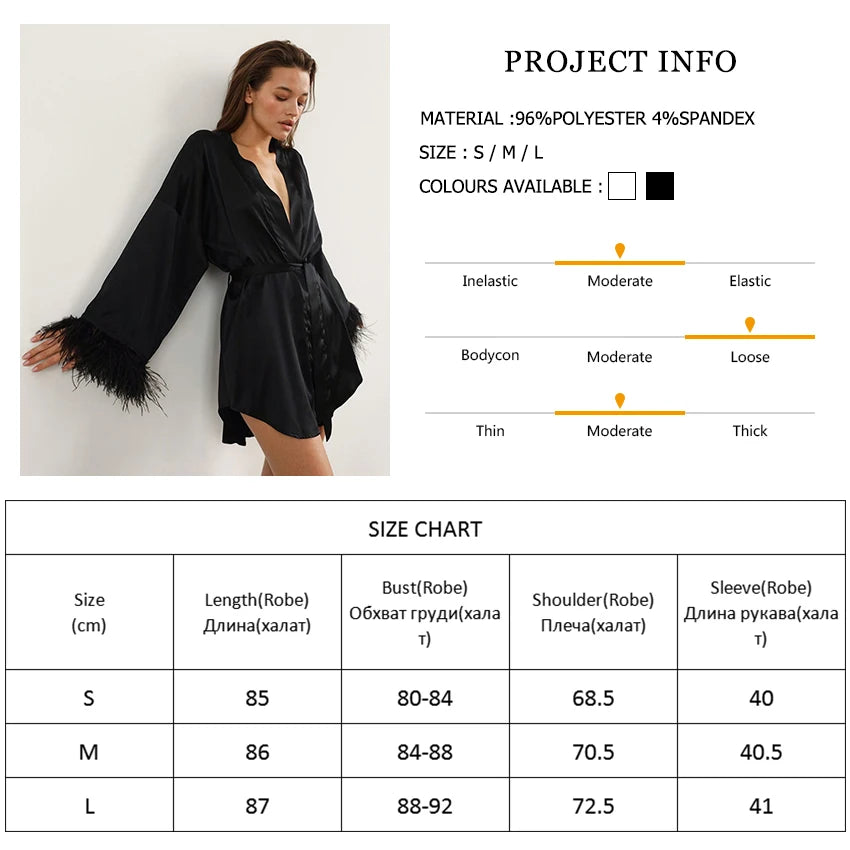 Feather Bathrobes Satin Sexy Mini Dress Long Sleeve Loose Peignoirs For Women Robe White Wedding Dress Black Bride Dresses
