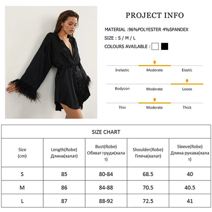 Feather Bathrobes Satin Sexy Mini Dress Long Sleeve Loose Peignoirs For Women Robe White Wedding Dress Black Bride Dresses