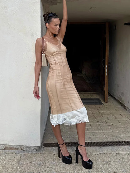 Sheer Mesh Overlay Lace Hem Slip Midi Dress Slim Spaghetti Strap 2026 Summer Elegant Women Bodycon Dress Trendy Date Lady Gown
