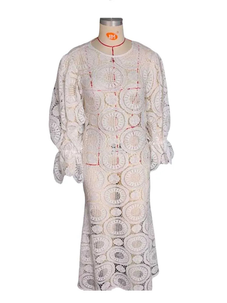 Womens White Lace Spring Dress Round Neck Vintage Beautiful Dresses Hollow Out Female Straight Gorgeous Dress Chic
