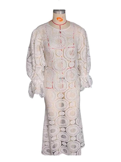 Womens White Lace Spring Dress Round Neck Vintage Beautiful Dresses Hollow Out Female Straight Gorgeous Dress Chic