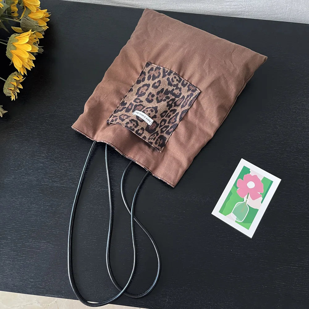 Vintage Faux Suede Women's Leopard Shoulder Bags PU Strap Double Side Female Purse Handbags Fall Winte Canvas Tote Underarm Bag