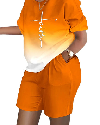 Ladies Casual Summer Two Piece Sets Printed Shorts Sets Women Round Neck Short Sleeve T Shirts Pullover High Waist Trousers Suit