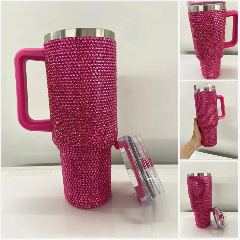 40oz Rhinestone Tumbler Stainless Steel Straw Women Cup Shiny Diamond Travel Car Thermoses Coffee Mug Water Bottle Drinkware
