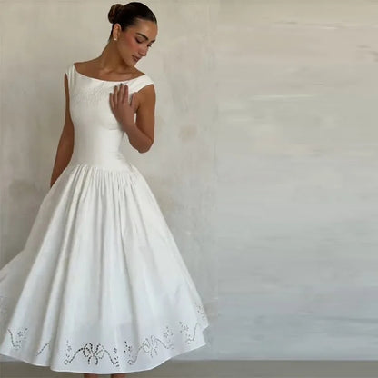 Minimalist White Boat Neck Midi Dress Women Elegant Cap Sleeve A-line Flare Eyelet Embroidery Vestido Wedding  Formal Party Gown