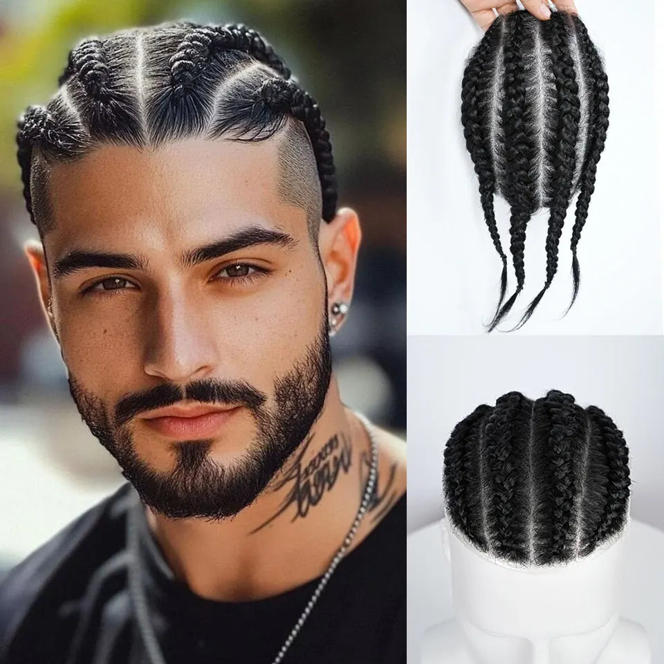 Cornrow Box Braided Men Toupee Human Hair Skin Full PU Hairpiece Breathable Replacement Hair System Prosthesis For Men Patch Wig