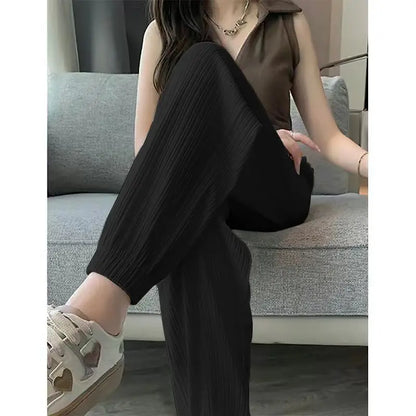 Ice Silk Casual Wide Leg Harem Pants Trousers Solid Elastic Waist Women Clothing Sweet Streetweat Summer Ankle-Length Pants New