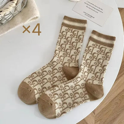 Kuwa 1/2Pairs Trendy Winter Wool Socks Ladies Monogram Pattern Solid Color Thickened Middle Tube Socks Breathable Wholesale