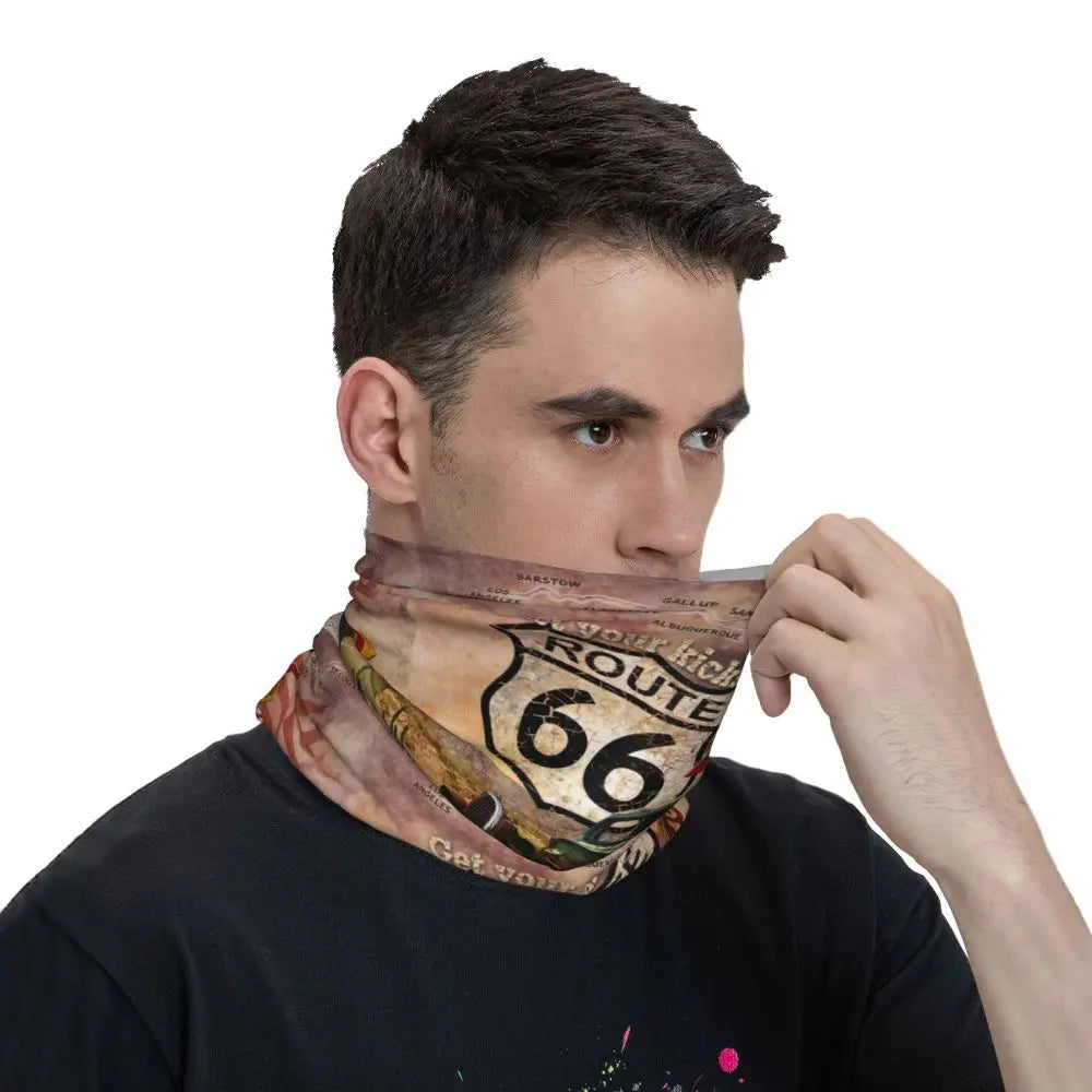 Custom Travel Motorcycle Ride Route 66 Bandana Winter Neck Warmer Windproof Wrap Face Scarf for Hiking Highways Gaiter Headband
