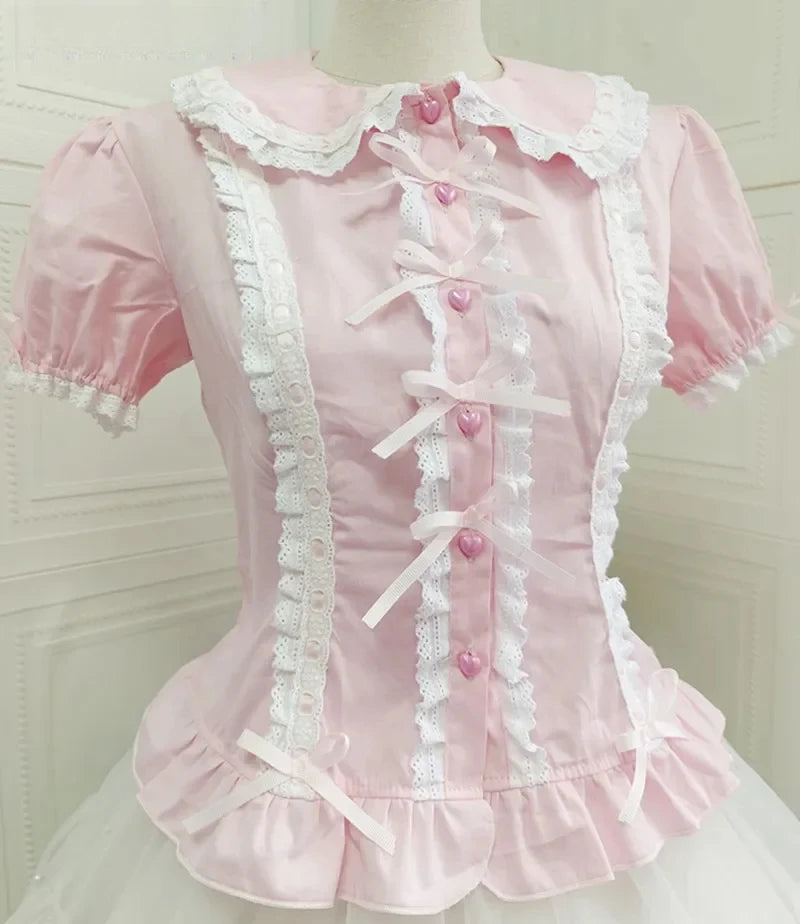 Summer Japanese Lolita Sweet Girls Short-sleeved Tops Women Goth Lace Bow Shirt Single-breasted Blouse Doll Collar Slim Tees New