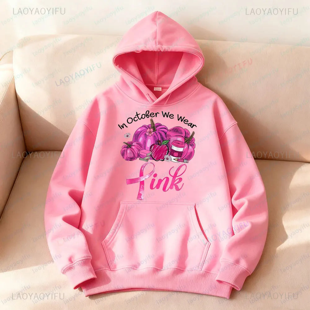 In October We Wear Pink Sweatshirt Retro Pumpkin Hoodies Breast Cancer Awareness Fighter Tops Pink Bow Ribbon Women Streetwear