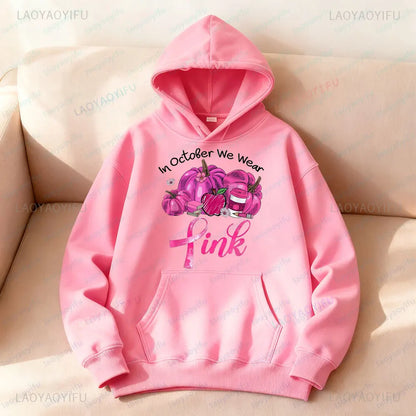 In October We Wear Pink Sweatshirt Retro Pumpkin Hoodies Breast Cancer Awareness Fighter Tops Pink Bow Ribbon Women Streetwear