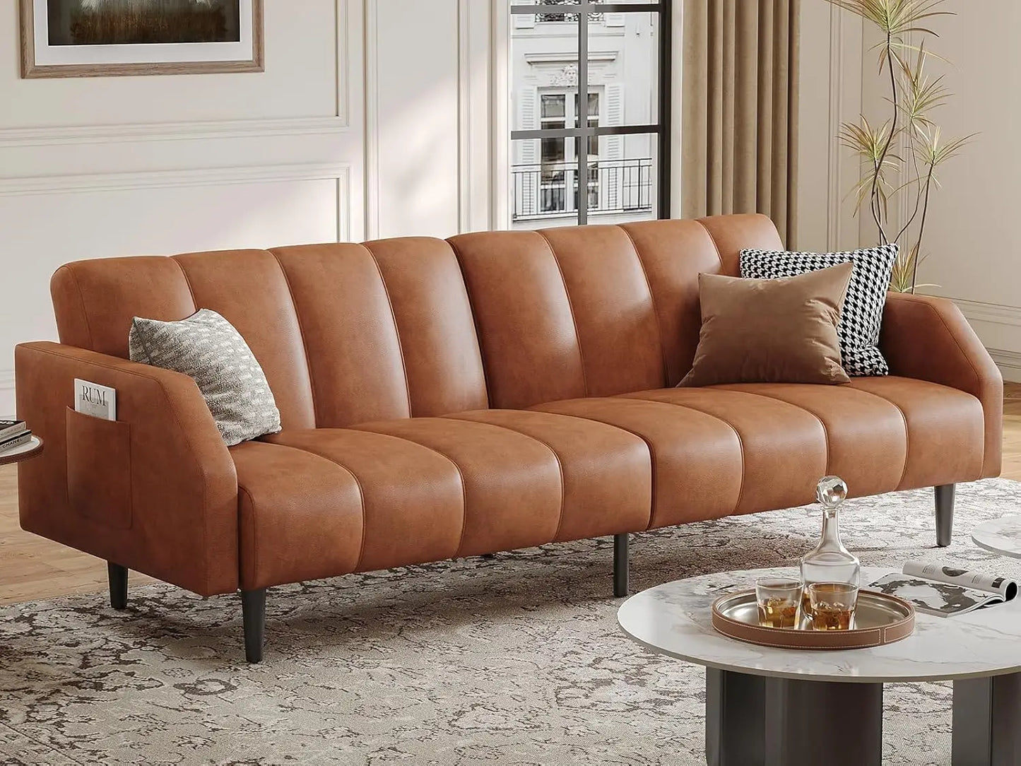 Faux Leather Couch, Convertible Futon Sofa Bed with Adjustable Backrest, Mid Century Leather Sofa Loveseat , Customized