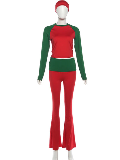 Nibber Christmas Party 2Piece Set Woman Contrast Patchwork o-Neck Full Sleeve Crop Tops+High Waist Long Pant Casual Fashion Suit