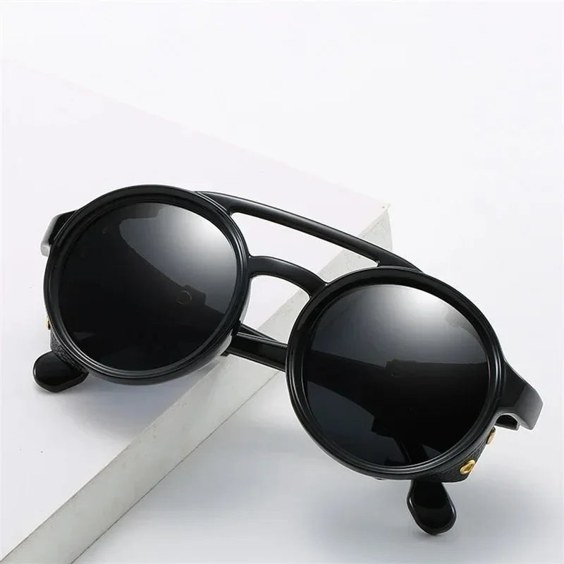 Steampunk Shields Sunglasses Men Women Classic SunGlasses With Side Leather Round Eyewear Pink UV400 Lens