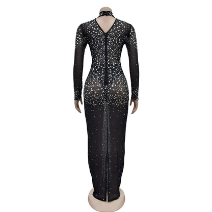 Party Dress Women Floor Length Dresses Vestidos Hot Drilling Evening Bodycon Square Collar Prom High Waist Evening Night 2025