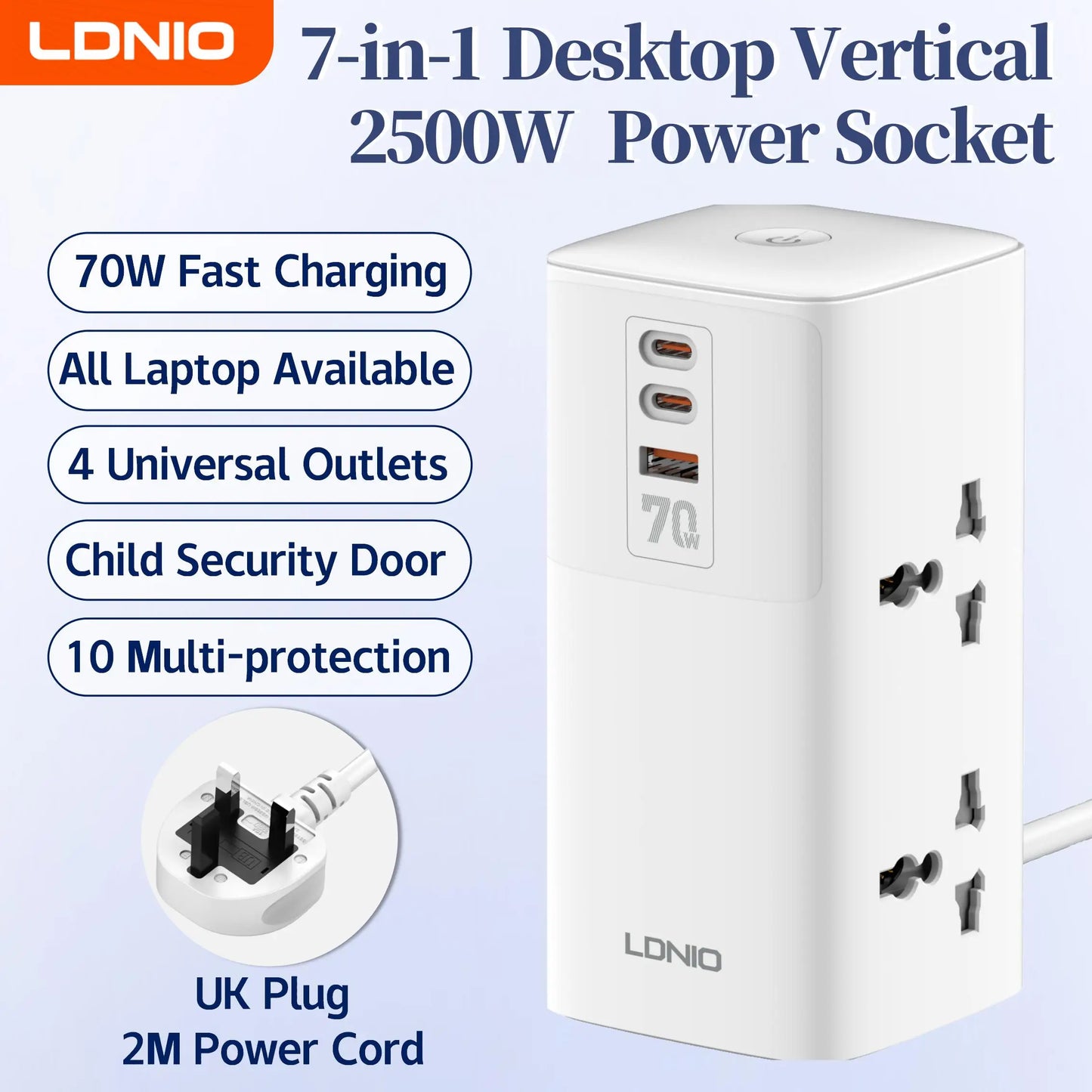 LDNIO Vertical Universal Socket Tower Power Strip Multi Outlets with 45W PD USB C Fast Charging Stations Extension Cable LED