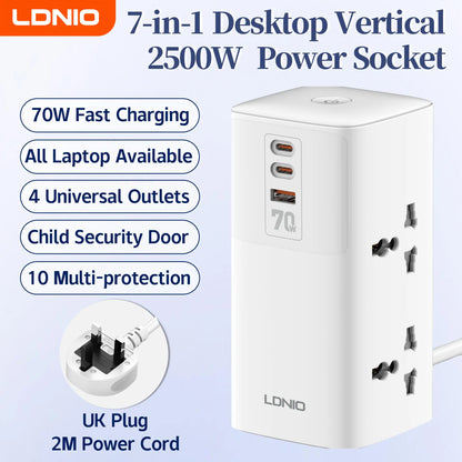 LDNIO Vertical Universal Socket Tower Power Strip Multi Outlets with 45W PD USB C Fast Charging Stations Extension Cable LED