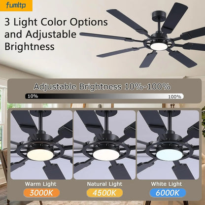 62-Inch Ceiling Fan with Light & Remote, 8 Blades, 6-Speed DC Motor, Quiet Timer for Indoor/Outdoor Use