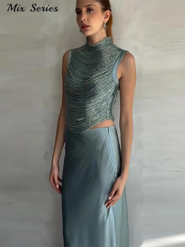 Elegant Tassel Crop Tops Satin Mermaid Skirt Sets Women Sleeveless Slim O-neck Vest Hip Package Skirts 2026 Summer Party Outfit