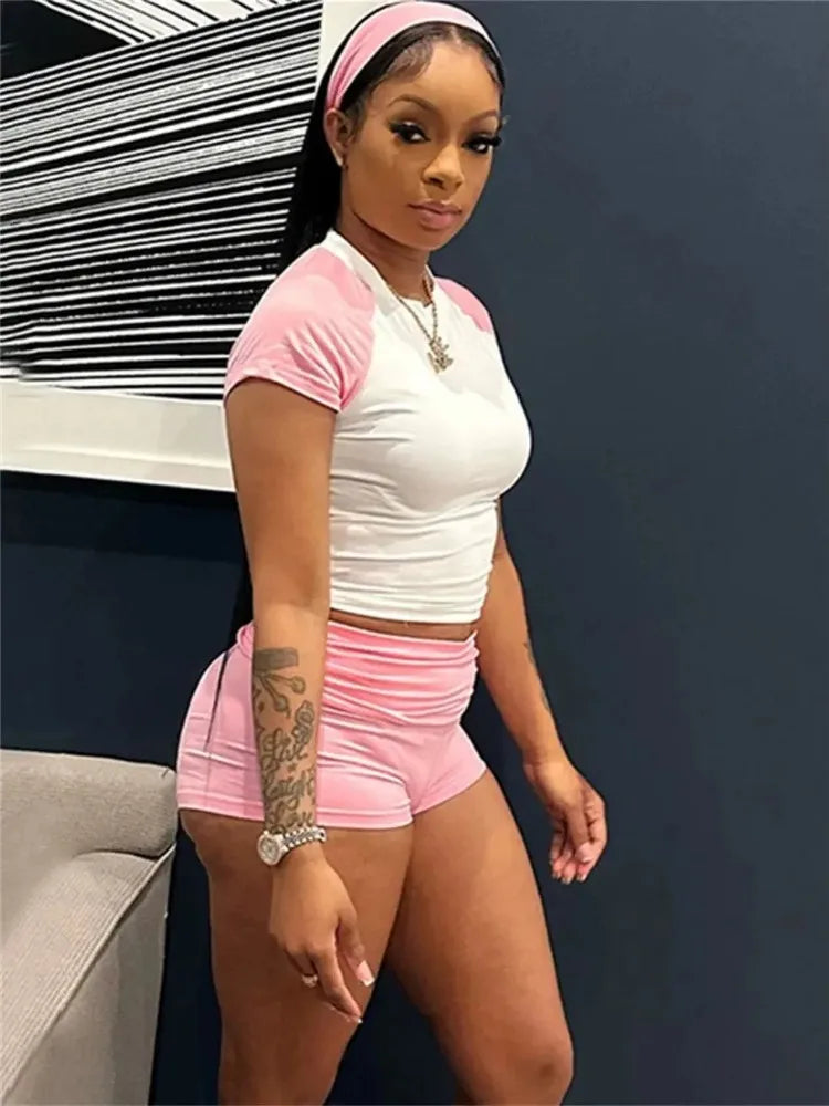 Leosoxs Sporty Patchwork 3 Piece Set Women Casual Summer Headband+Crop Top+High Waist Bike Shorts Street Matching Tracksuit