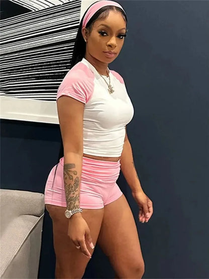 Leosoxs Sporty Patchwork 3 Piece Set Women Casual Summer Headband+Crop Top+High Waist Bike Shorts Street Matching Tracksuit
