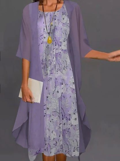 Fashion Women Chiffon Summer Sleeveless O-Neck Print Loose Party Dresses +Cardigan Shawl Elegant Casual Lady Two Piece Set Dress