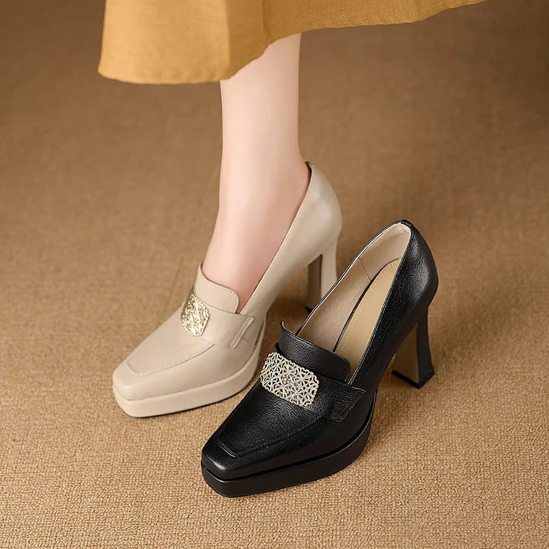 【JOCHEBED HU】Brand Genuine Leather Platform Shoes for Ladies Square Toes Women's Sewing Lines High Heels Leather