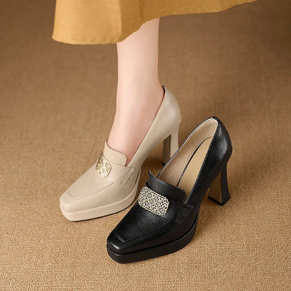 【JOCHEBED HU】Brand Genuine Leather Platform Shoes for Ladies Square Toes Women's Sewing Lines High Heels Leather