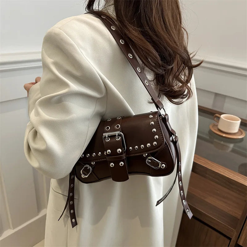 Shoulder Bag for Women Pink Underarm Bags PU Leather Crescent Bags with Rivet Small Y2k Purses Trendy Armpit Purse