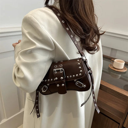 Shoulder Bag for Women Pink Underarm Bags PU Leather Crescent Bags with Rivet Small Y2k Purses Trendy Armpit Purse
