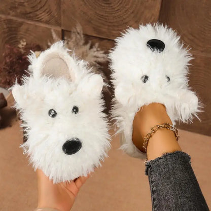Cartoon Puppy Fluffy Fur Indoor Slippers Women 2025 Winter Thick Bottom Furry Mules Slippers Warm Plush Home Slides for Womon