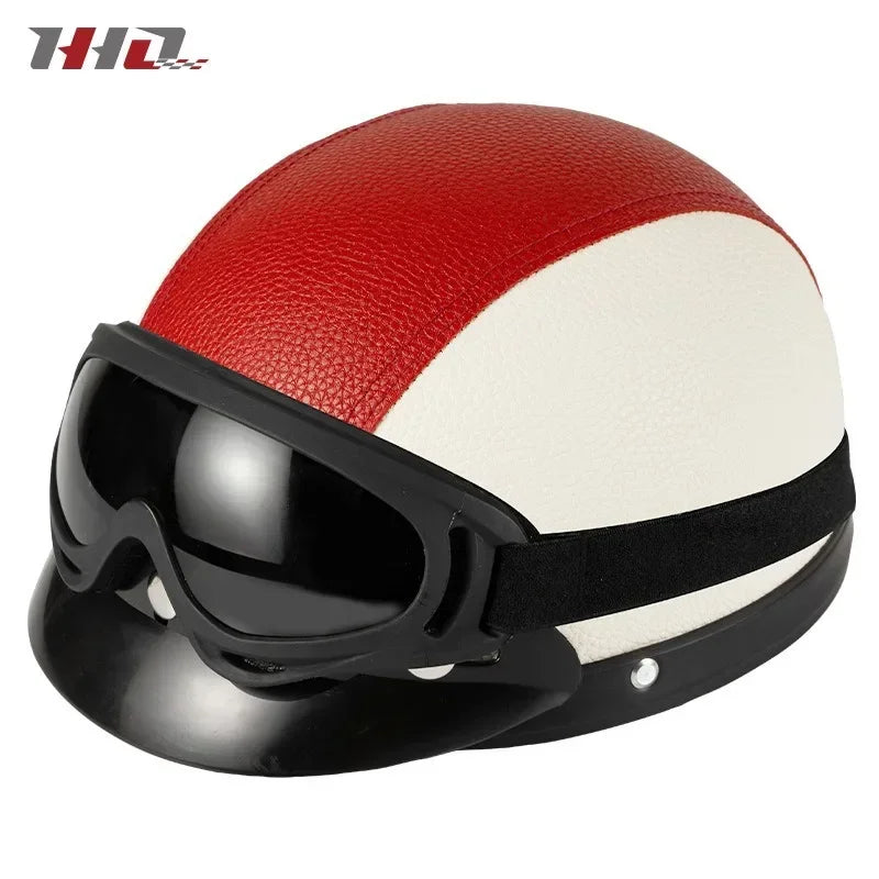 Retro Leather Half Helmet with Ear & Neck Protection - All-Season Cycling Safety Helmet