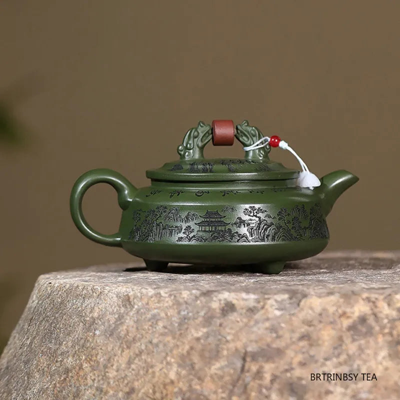 Chinese Yixing Purple Clay Teapot Raw Ore Green Mud Tea Pot Handmade Landscape Kettle Household Teaware Zisha Tea Set 260ml