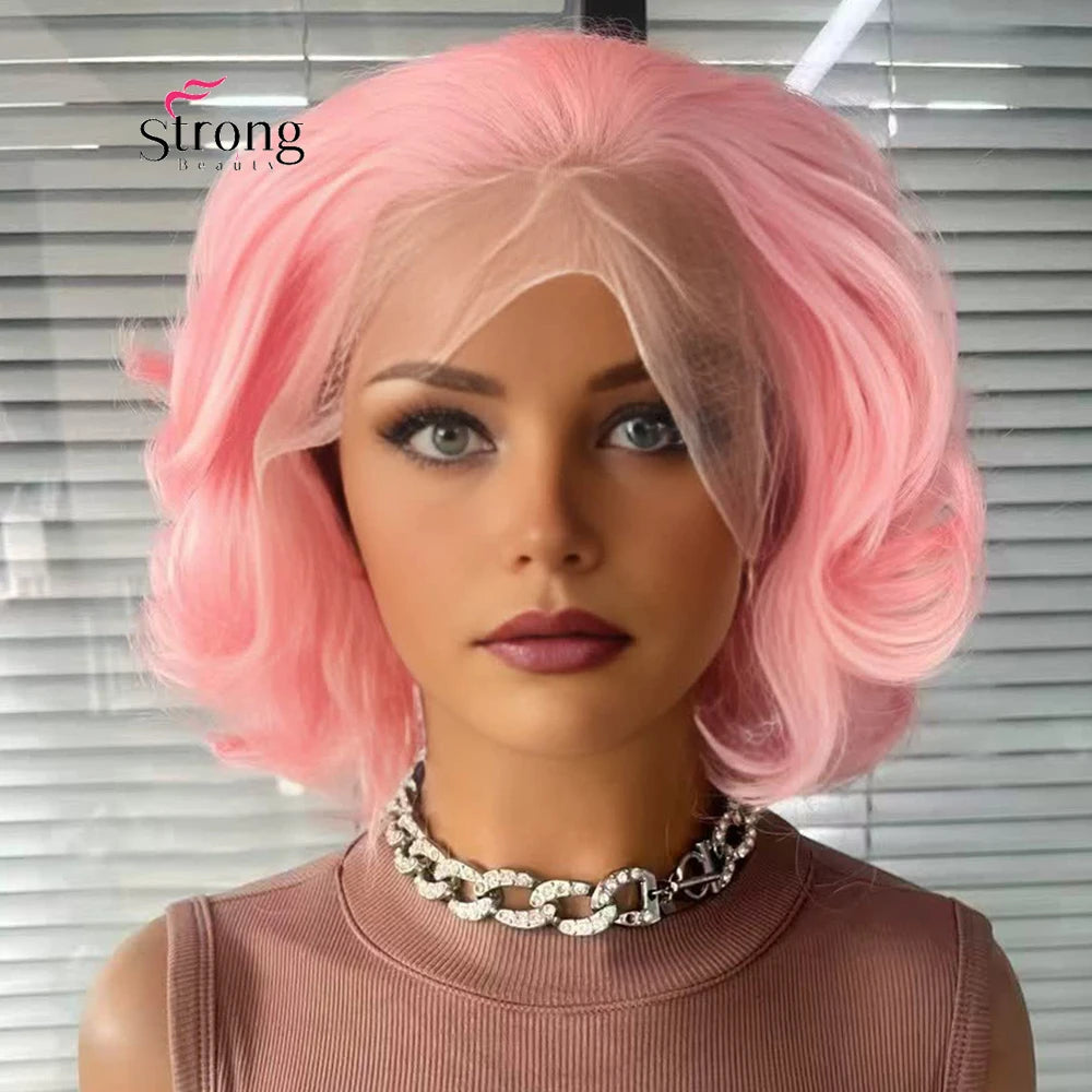 Short Curly Bob Wig Lace Front Wig Pink Synthetic Lace Front Wig For Women Natural Hairline Heat Resistant Synthetic Fiber