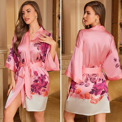 Navy Blue Print Flower Robe Nightgown Silk Satin Female Sleepwear Nightdress Spring Summer Loose Kimono Bathrobe Gown Home Wear