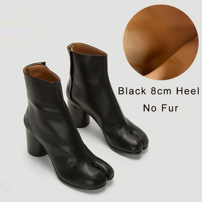 Luxury Brand Designer Tabi Split-toe Ankle Boots Women Genuine Leather Chunky Round Heel Short Boots 2024 Autumn Winter Shoes