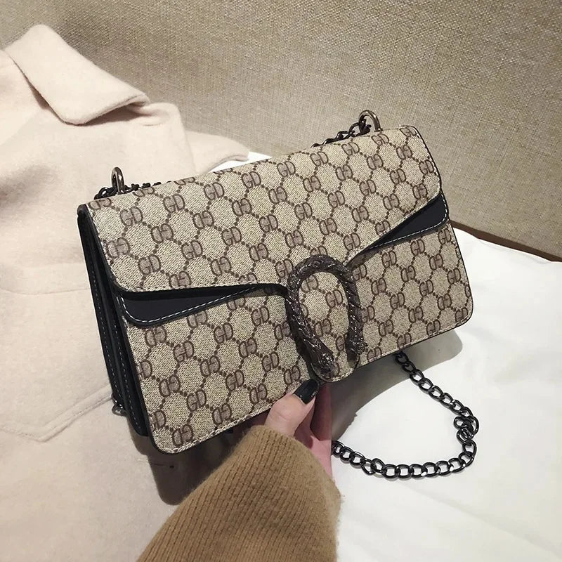 Fashionable Mini Printed Chain Women's Bag Crossbody Shoulder Bag Soft PU Leather Square Shape Bag with Phone Pocket