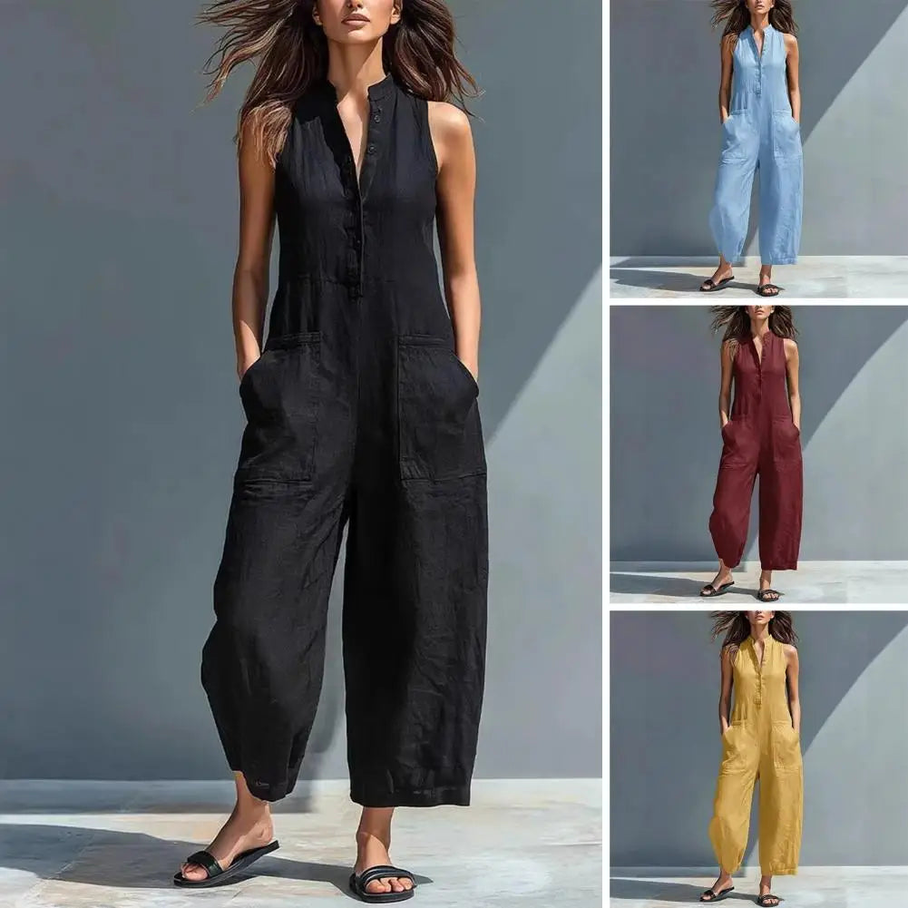 Women's Summer Sleeveless Jumpsuit Button Up Stand Collar Loose One Piece Overalls Wide Leg Long Pants Rompers with Pockets