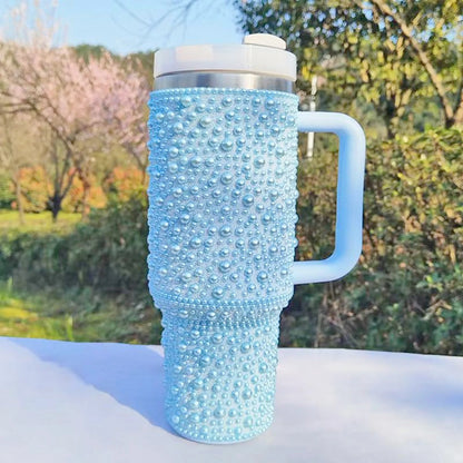 40oz Stainless Steel Vacuum Insulated Tumbler with Rhinestone Handle - Glittery Rhinestone Design