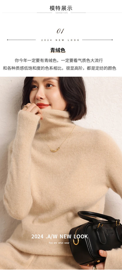 100% cashmere sweater women's knitted pullover sweater high neck solid color slim fit soft cashmere basic women's sweater