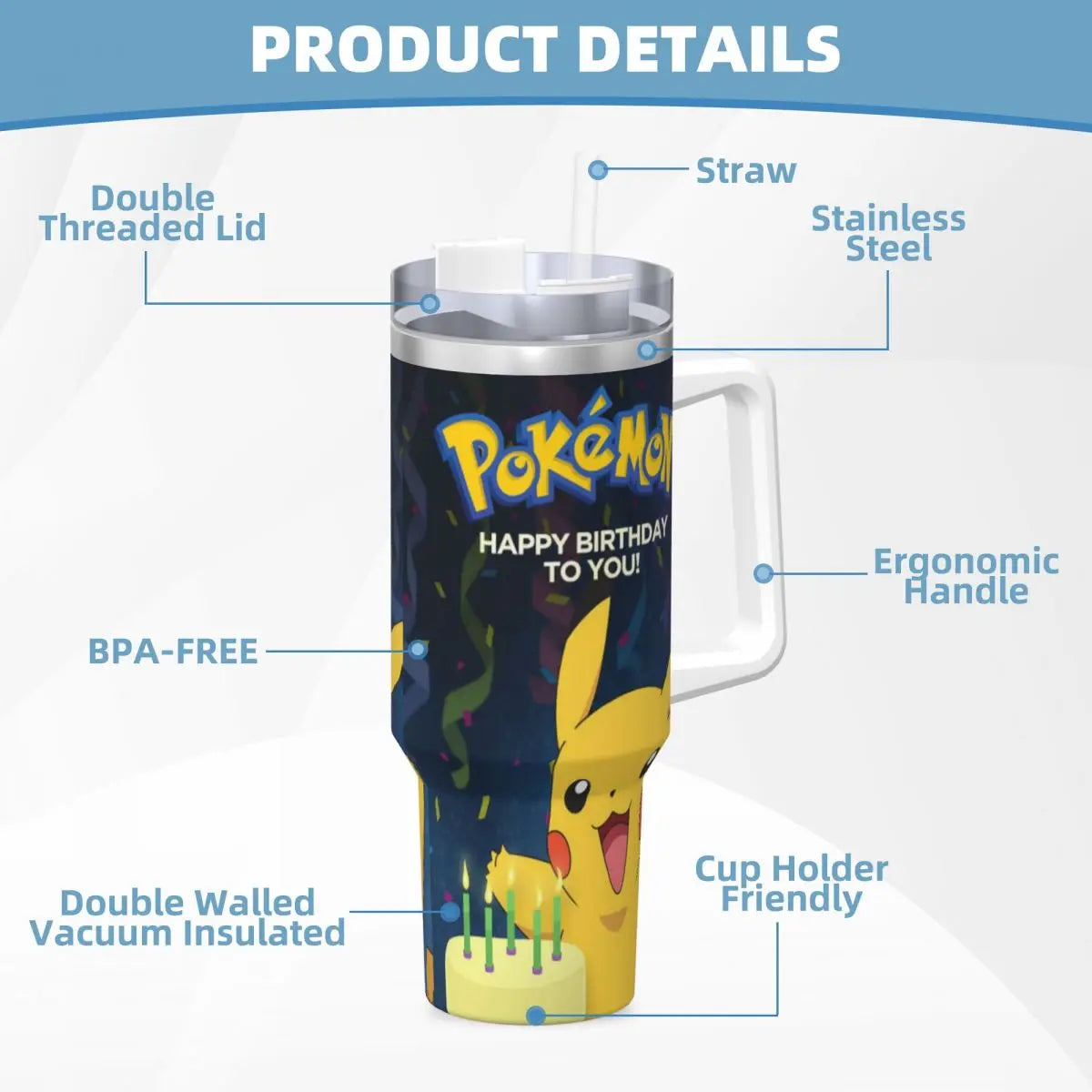 Stainless Steel Tumbler Pikachu Happy Birthday Thermal Mug Insulated Cold Drink Mugs Cup Beach Design Water Bottle