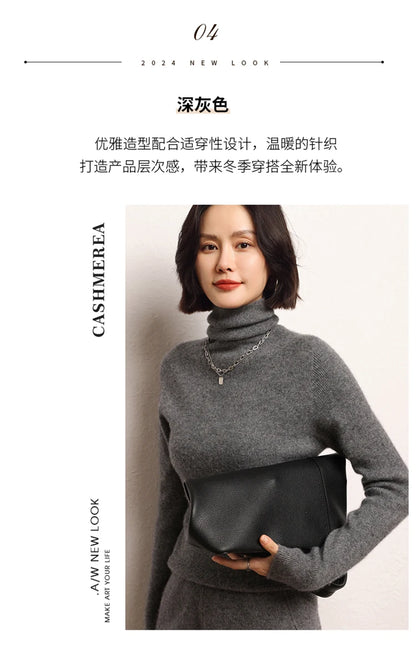 100% cashmere sweater women's knitted pullover sweater high neck solid color slim fit soft cashmere basic women's sweater