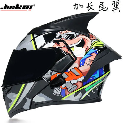 JIEKAI Motorcycle Flip Up Helmet Personality Horn Tail Motorbike Motocross Shark Moto Helmet Technology Design Full Face Casco