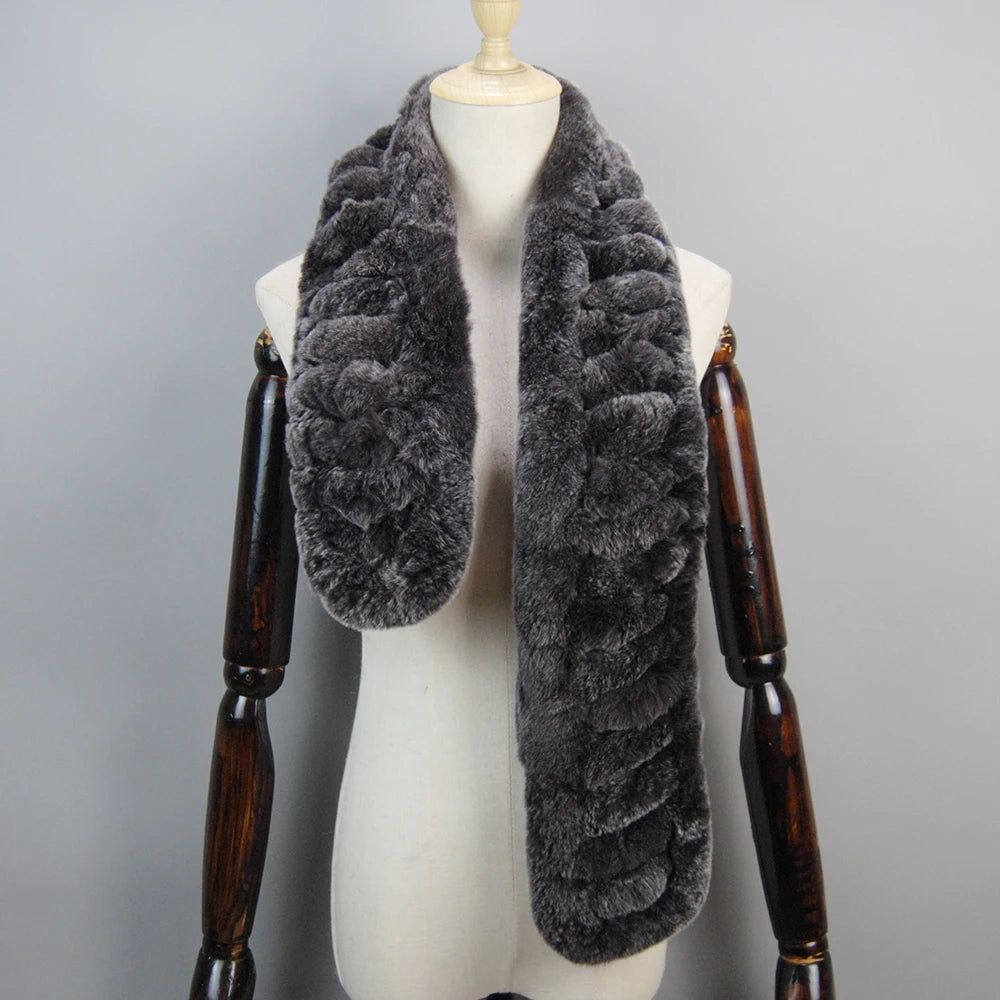 Winter Women Knitted Real Rex Rabbit Fur Scarf Natural Soft Long Style Rex Rabbit Fur Muffler Lady Warm 100% Genuine Fur Scarves