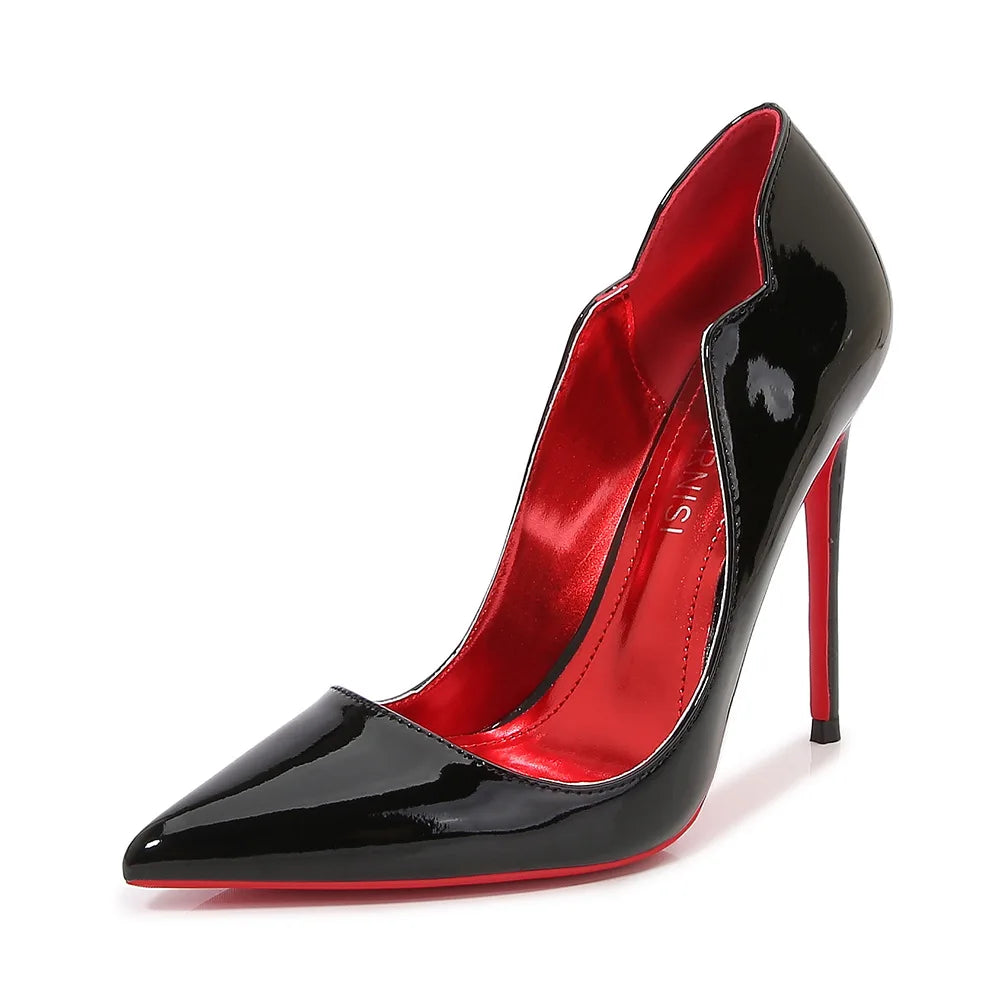 Black Curl Upper Women Patent PU Pointed Toe Stiletto 12cm High Heels Sexy Ladies Party Dress Shoes Club Dance Women Pumps