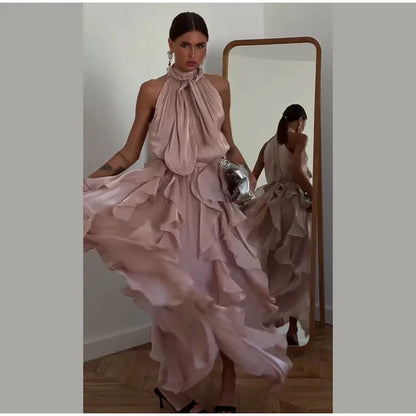 Sexy Cascading Ruffle Pleated Women Long Dress Fashion Lace Up Sleeveless Empire Female Dresses 2026 Spring Summer Lady Robe New