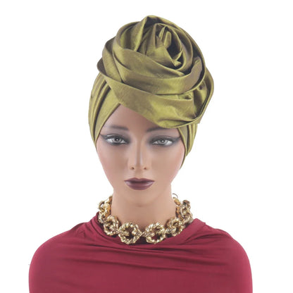 Raw Silk Big Rose Flower African Turban Caps for Women Headwear Head Wraps Nigerian Wedding Geles Party Headgear Bonnet